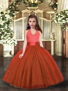  Sleeveless Floor Length Ruching Lace Up Kids Pageant Dress with Rust Red
