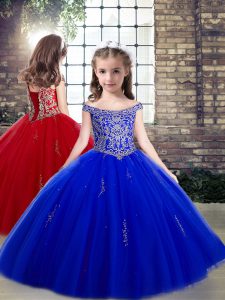  Floor Length Royal Blue Girls Pageant Dresses Off The Shoulder Sleeveless Lace Up
