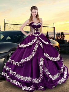 High Class Purple Sleeveless Floor Length Embroidery and Ruffled Layers Lace Up 15 Quinceanera Dress