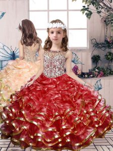 Nice Red Ball Gowns Beading and Ruffles Girls Pageant Dresses Lace Up Organza Sleeveless Floor Length