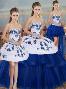 New Arrival Royal Blue Ball Gowns Sweetheart Sleeveless Tulle Floor Length Lace Up Embroidery and Bowknot Quinceanera Dresses