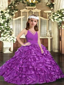 Latest Purple Sleeveless Ruffles and Ruching Floor Length Little Girl Pageant Dress