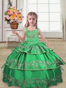 Amazing Green Sleeveless Floor Length Embroidery and Ruffled Layers Lace Up Pageant Gowns For Girls