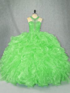 Deluxe Scoop Zipper Beading and Ruffles Quince Ball Gowns Sleeveless