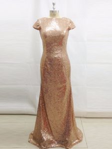 Most Popular Champagne Column/Sheath Sequined Bateau Short Sleeves Sequins Backless Prom Dress Brush Train