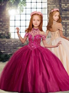  Ball Gowns Little Girl Pageant Gowns Fuchsia High-neck Tulle Sleeveless Floor Length Lace Up
