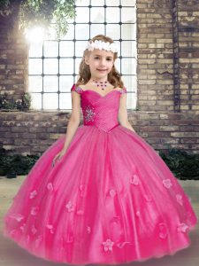 Affordable Hot Pink Sleeveless Tulle Lace Up Kids Pageant Dress for Party and Wedding Party