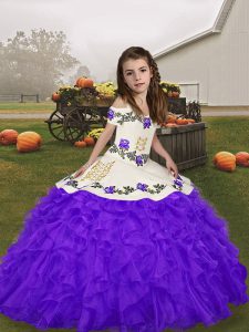  Sleeveless Floor Length Embroidery and Ruffles Lace Up Little Girls Pageant Dress with Purple