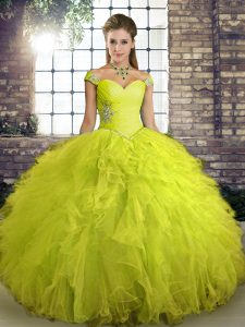 Vintage Tulle Off The Shoulder Sleeveless Lace Up Beading and Ruffles 15 Quinceanera Dress in Yellow Green