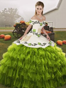  Ball Gowns Vestidos de Quinceanera Olive Green Off The Shoulder Organza Sleeveless Floor Length Lace Up