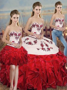 Custom Fit Three Pieces 15 Quinceanera Dress White And Red Sweetheart Organza Sleeveless Floor Length Lace Up
