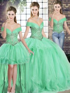  Apple Green Three Pieces Tulle Off The Shoulder Sleeveless Beading and Ruffles Floor Length Lace Up Quinceanera Gown