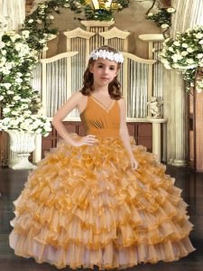  Floor Length Zipper Kids Pageant Dress Gold for Party and Wedding Party with Ruffles and Ruffled Layers