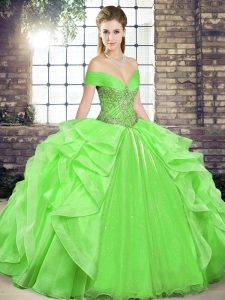  Sleeveless Organza Floor Length Lace Up Ball Gown Prom Dress in with Beading and Ruffles
