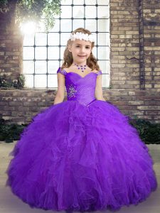  Purple Sleeveless Floor Length Beading and Ruffles Lace Up Little Girls Pageant Gowns