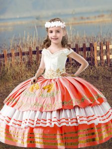 Discount Ball Gowns Girls Pageant Dresses Orange Red Off The Shoulder Satin Sleeveless Floor Length Lace Up