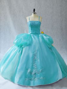 Delicate Ball Gowns Quinceanera Gown Aqua Blue Straps Organza Sleeveless Floor Length Lace Up