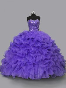  Purple Ball Gowns Sweetheart Sleeveless Organza Floor Length Lace Up Beading and Ruffles Quinceanera Gown
