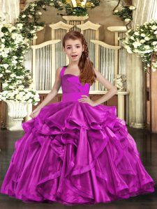  Straps Sleeveless Lace Up Little Girls Pageant Dress Fuchsia Organza