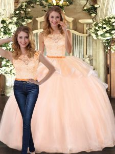 Sweet Peach Sweet 16 Dress Military Ball and Sweet 16 and Quinceanera with Lace Scoop Sleeveless Zipper