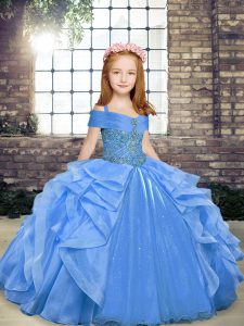  Blue Lace Up Little Girl Pageant Dress Beading and Ruffles Sleeveless Floor Length