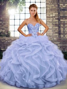  Floor Length Lace Up 15 Quinceanera Dress Lavender for Military Ball and Sweet 16 and Quinceanera with Beading and Ruffles