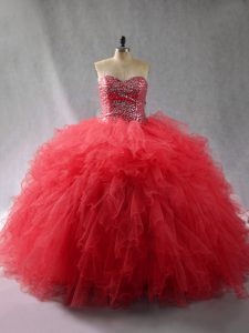  Wine Red Ball Gowns Tulle Sweetheart Sleeveless Beading and Ruffles Floor Length Lace Up 15th Birthday Dress