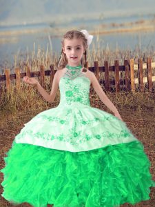 Amazing Green Kids Pageant Dress Wedding Party with Beading and Embroidery and Ruffles Halter Top Sleeveless Lace Up