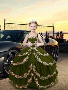  Olive Green Ball Gowns Satin Straps Sleeveless Embroidery Floor Length Lace Up Kids Pageant Dress