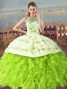 Best Selling Floor Length 15th Birthday Dress Organza Court Train Sleeveless Embroidery and Ruffles