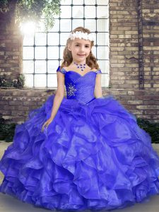  Sleeveless Organza Floor Length Lace Up Girls Pageant Dresses in Blue with Beading and Ruffles