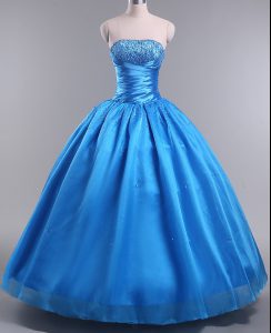  Sleeveless Organza Floor Length Lace Up Quince Ball Gowns in Blue with Beading