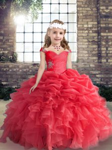  Red Lace Up Straps Beading Little Girls Pageant Dress Organza Sleeveless