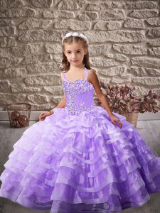 Best Straps Sleeveless Brush Train Lace Up Kids Formal Wear Lavender Organza