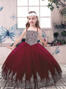 Simple Straps Sleeveless Lace Up Little Girl Pageant Gowns Burgundy Tulle