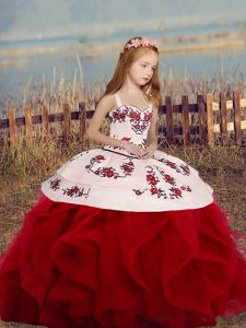  Wine Red Sleeveless Embroidery and Ruffles Floor Length Little Girl Pageant Dress