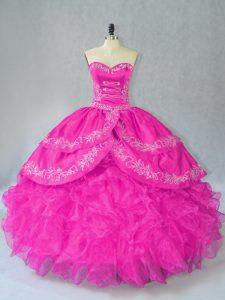  Floor Length Fuchsia Ball Gown Prom Dress Organza Sleeveless Embroidery and Ruffles