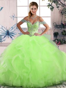 Ideal Ball Gowns Off The Shoulder Sleeveless Tulle Floor Length Lace Up Beading and Ruffles Sweet 16 Quinceanera Dress