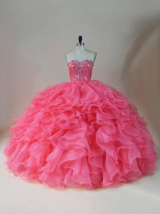  Floor Length Pink Quince Ball Gowns Organza Sleeveless Beading and Ruffles
