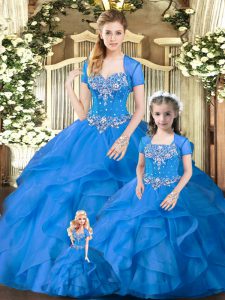 Sophisticated Blue Sweetheart Lace Up Beading and Ruffles Sweet 16 Quinceanera Dress Sleeveless