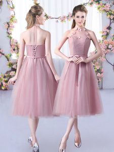  Tulle Halter Top Sleeveless Lace Up Appliques and Belt Quinceanera Court Dresses in Pink 