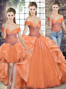  Orange Lace Up Off The Shoulder Beading and Ruffles Quinceanera Gown Organza Sleeveless