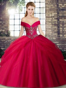  Red Tulle Lace Up Off The Shoulder Sleeveless 15 Quinceanera Dress Brush Train Beading and Pick Ups
