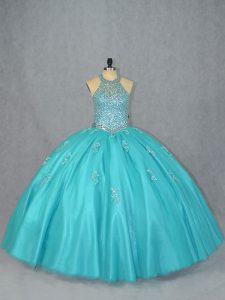 Beautiful Aqua Blue Sleeveless Tulle Lace Up Quinceanera Dress for Sweet 16 and Quinceanera