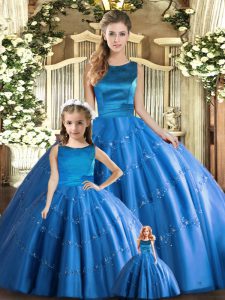  Blue Scoop Lace Up Appliques Ball Gown Prom Dress Sleeveless