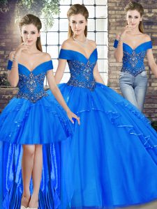 Artistic Three Pieces Sweet 16 Quinceanera Dress Royal Blue Off The Shoulder Tulle Sleeveless Floor Length Lace Up