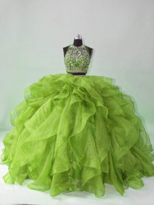  Green Organza Backless Quince Ball Gowns Sleeveless Brush Train Beading and Ruffles