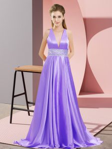  Lavender Evening Dress V-neck Sleeveless Brush Train Backless