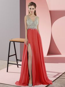 Vintage Coral Red Zipper V-neck Beading Prom Party Dress Chiffon Sleeveless Sweep Train