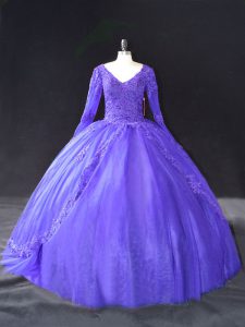 On Sale Floor Length Purple Vestidos de Quinceanera V-neck Long Sleeves Lace Up